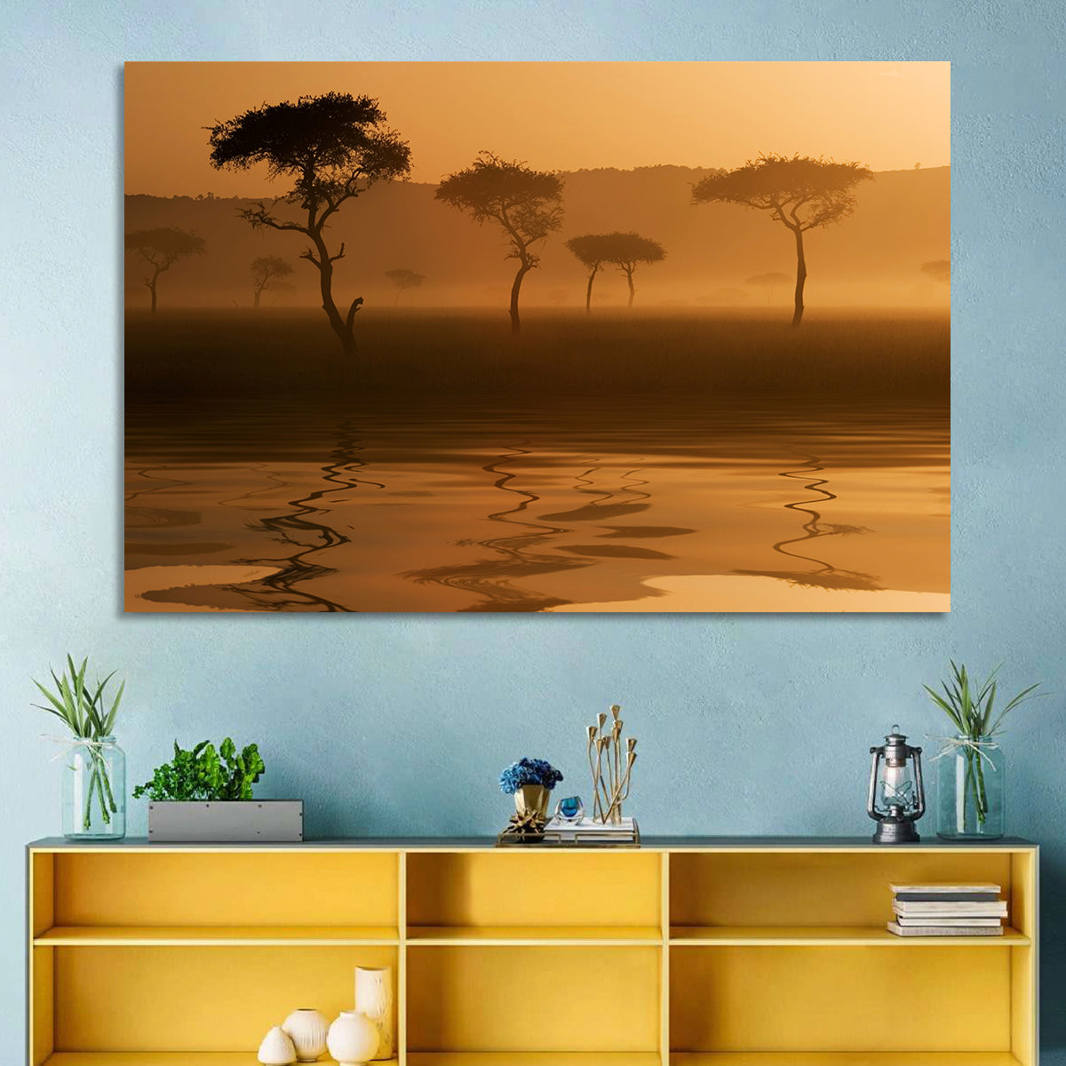Savanna Sunset Acacia Silhouettes Wall Art in a room, landscape