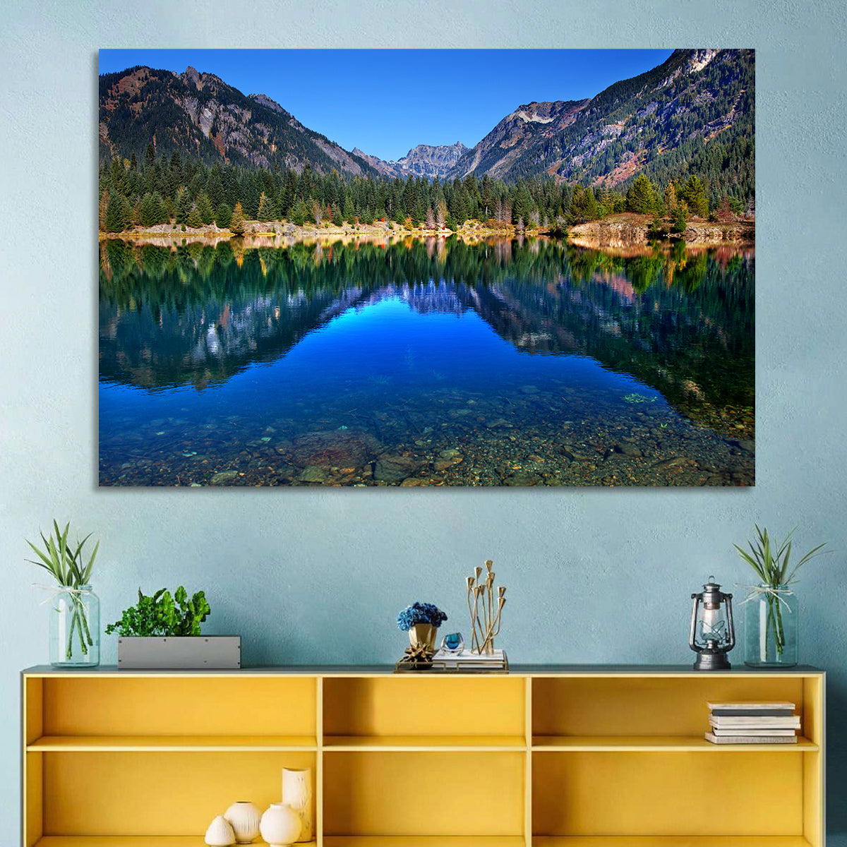 Gold Lake Reflection Wall Art in a room, landscape