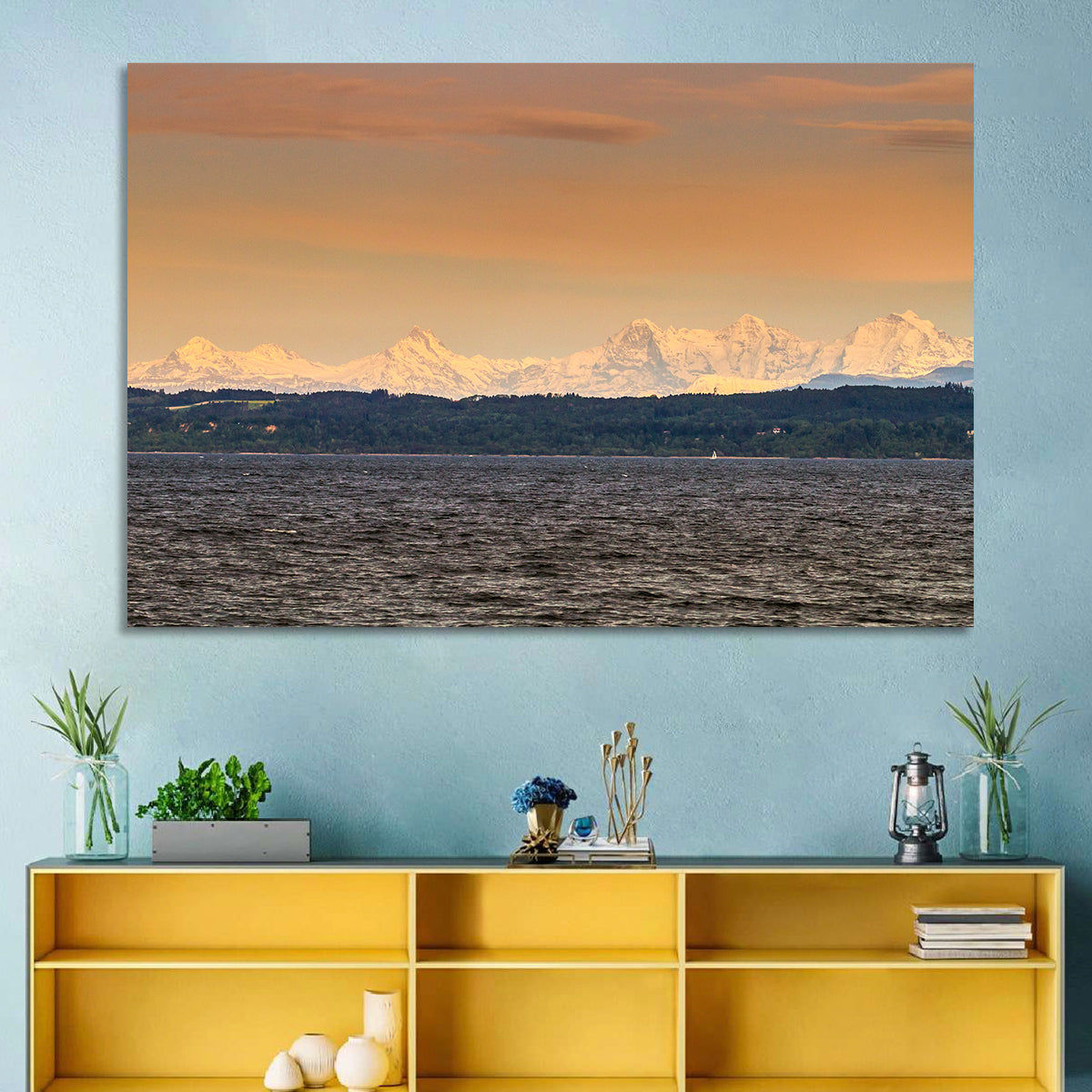 Lake Neuchatel Golden Hour Wall Art in a room, landscape