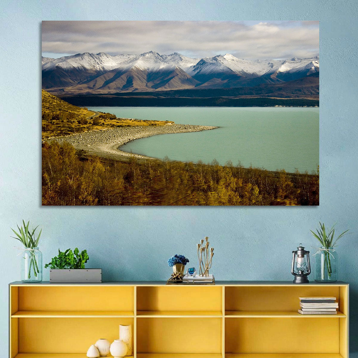 Lake Pukaki Autumn Shoreline Wall Art in a room, landscape