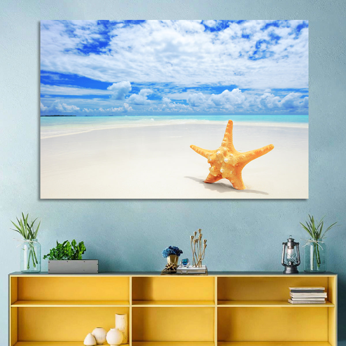 Minimalist Yellow Starfish on Turquoise Shore Wall Art in a room, landscape