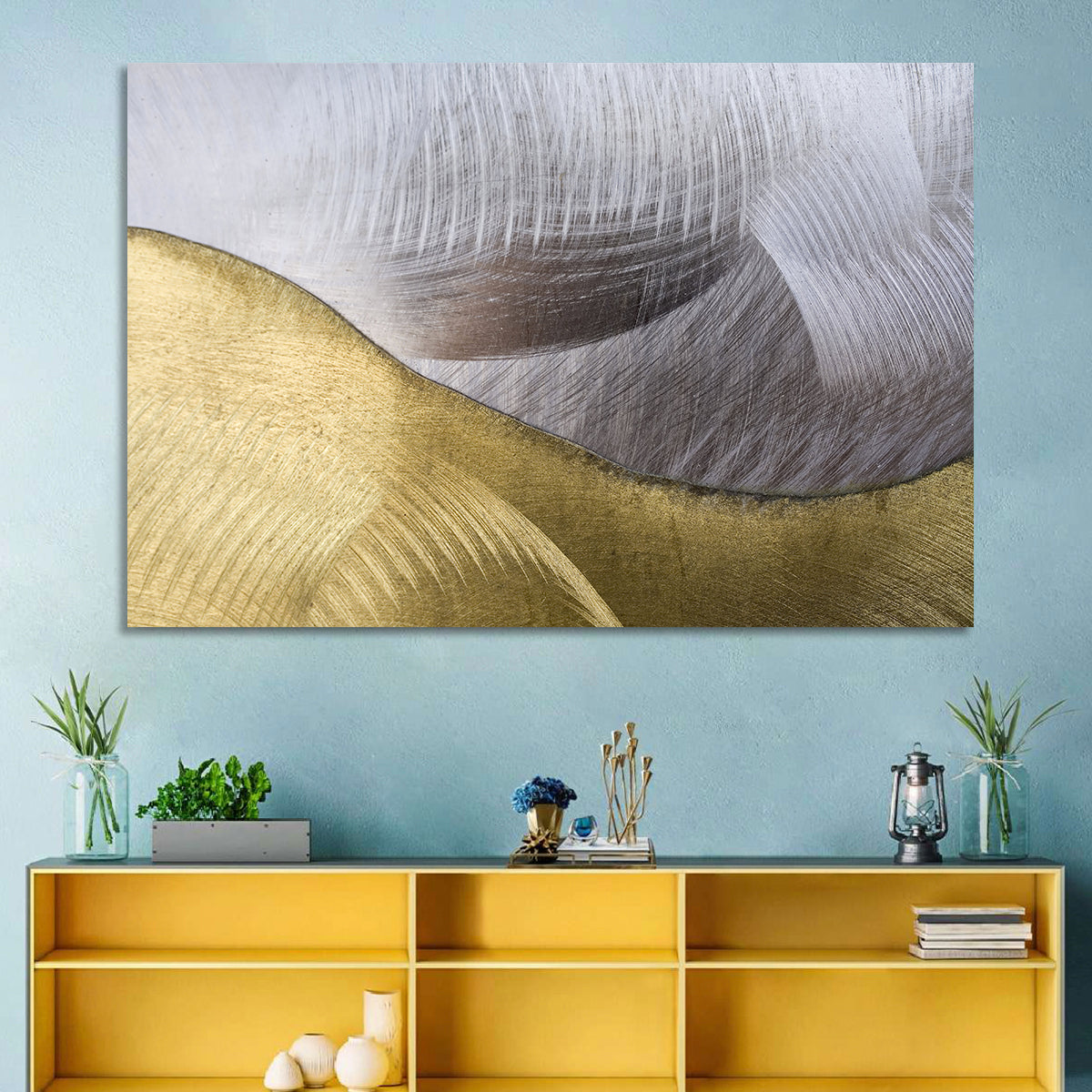 Thin Line Metallic Abstract Wall Art in a room, landscape