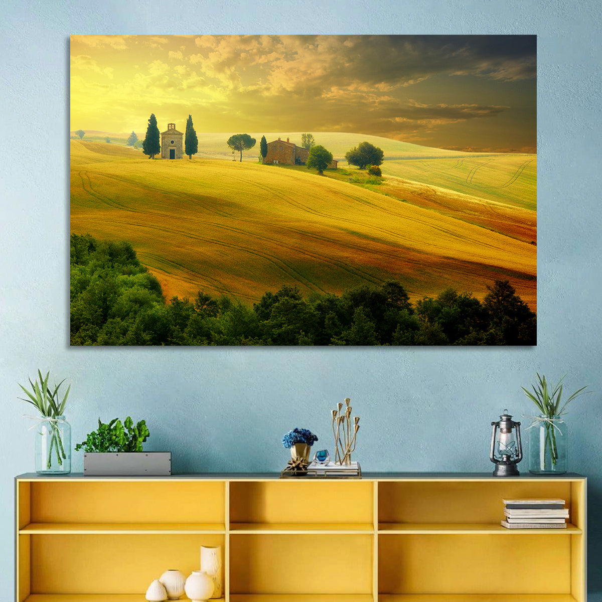 Tuscany Golden Hour Landscape Wall Art in a room, landscape