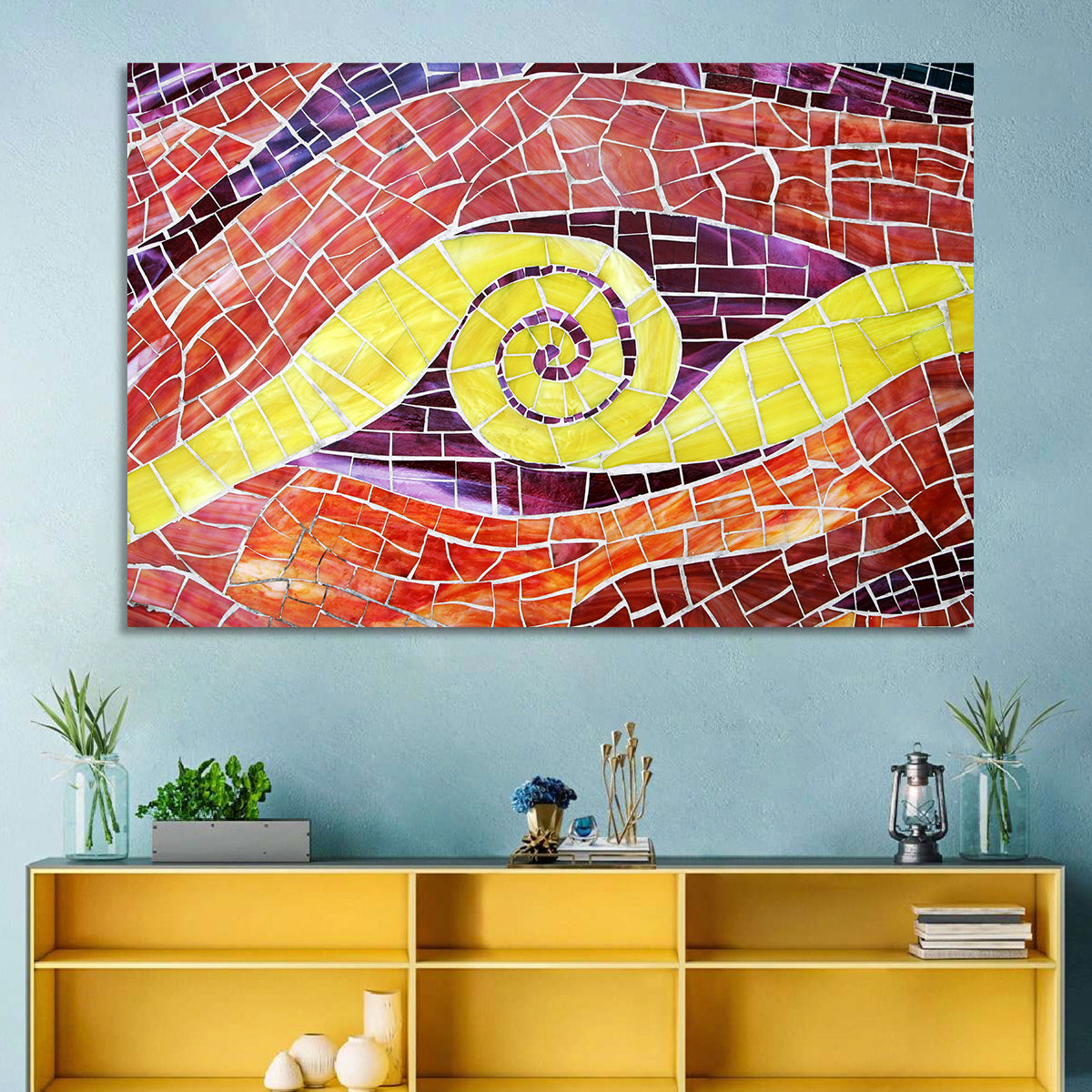 Red and Yellow Spiral Mosaic Wall Art in a room, landscape