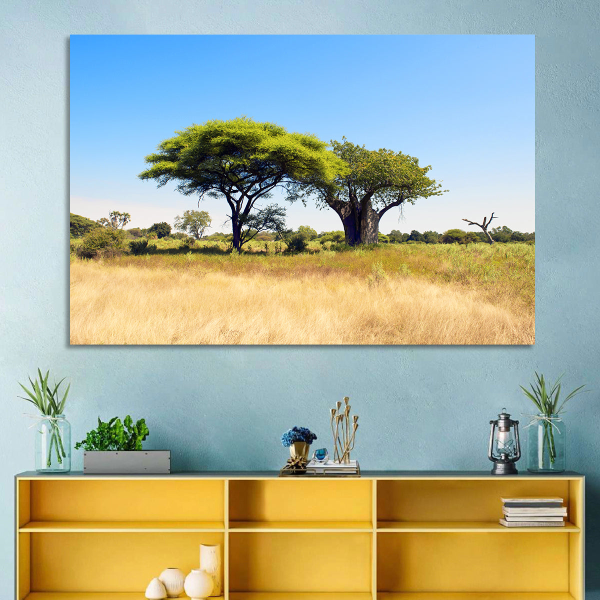 Acacia and Baobab Trees Wall Art in a room, landscape