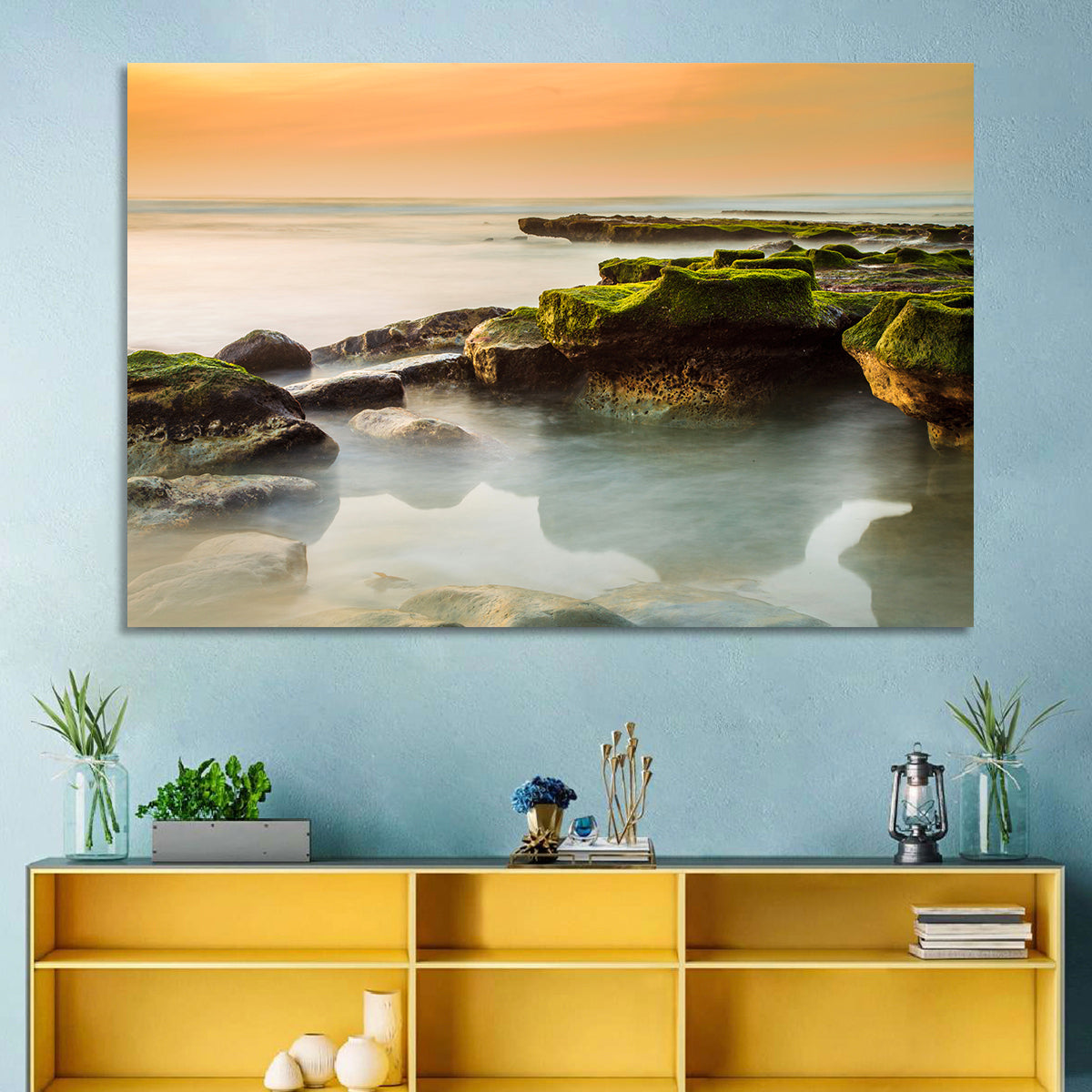 Mossy Rocky Coastline at Golden Hour Wall Art in a room, landscape