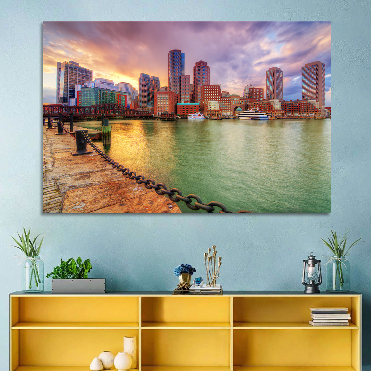 Boston Harbor Skyline at Sunset Wall Art in a room, landscape