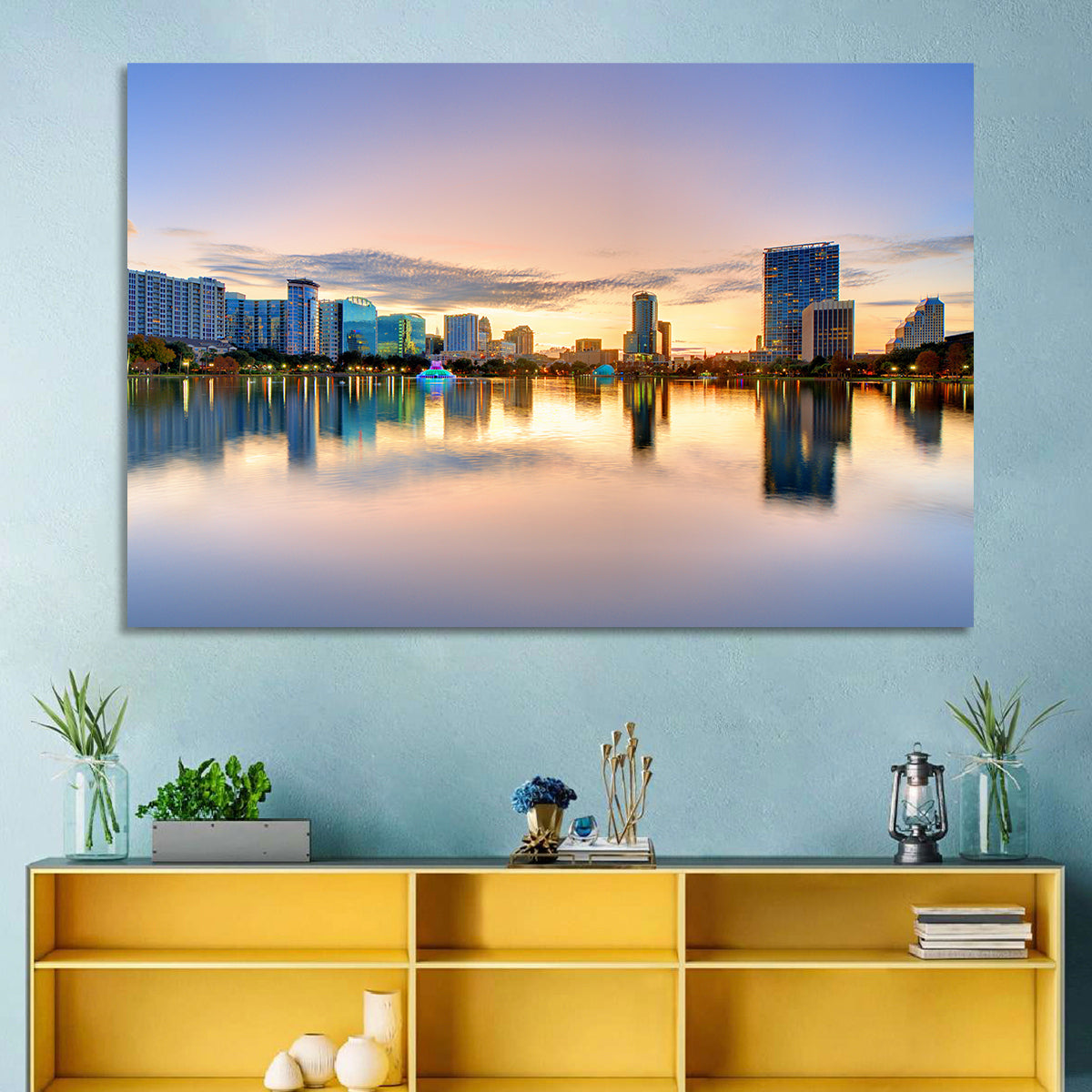 Orlando Skyline at Dusk Wall Art in a room, landscape