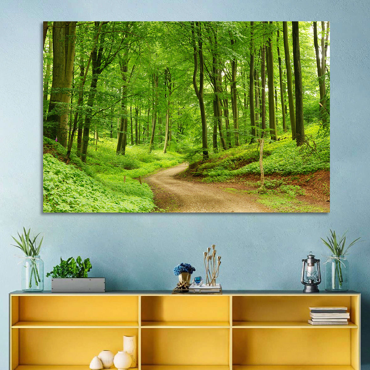 Sunlit Forest Path Wall Art in a room, landscape