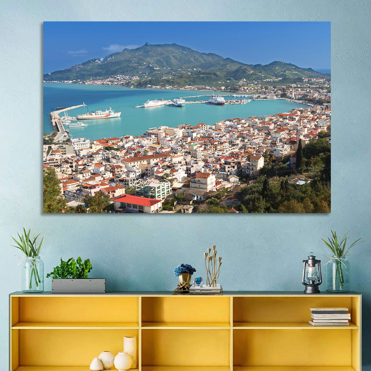 Zakynthos Harbor View Wall Art in a room, landscape