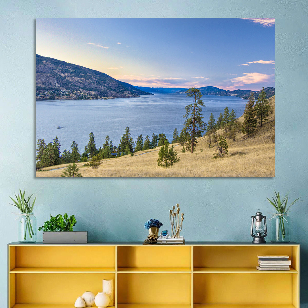 Blue Lake Okanagan Wall Art in a room, landscape
