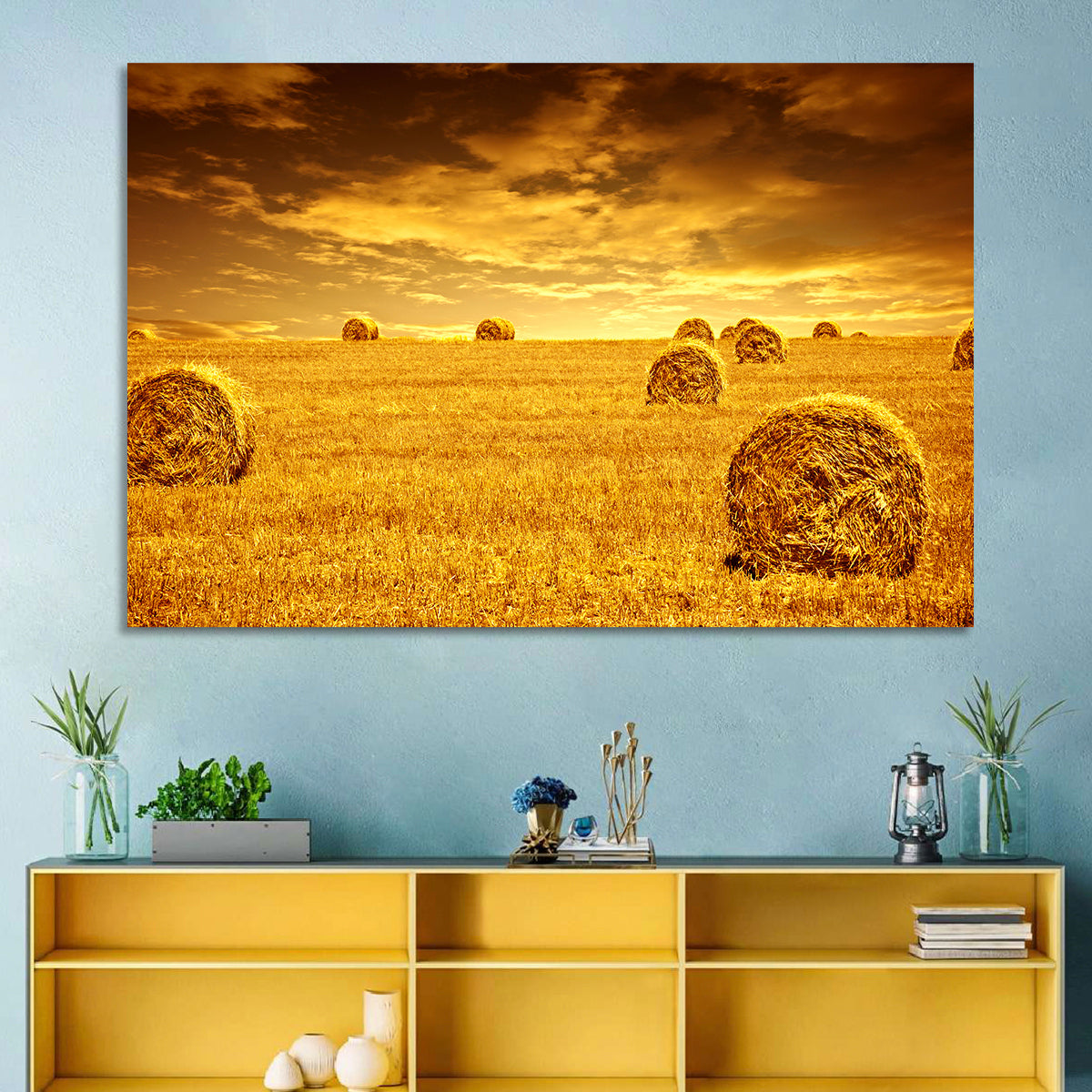 Golden Hour Haystacks Wall Art in a room, landscape