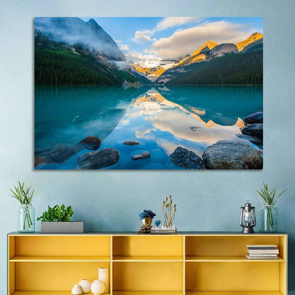 Lake Louise Sunrise Reflection Wall Art in a room, landscape