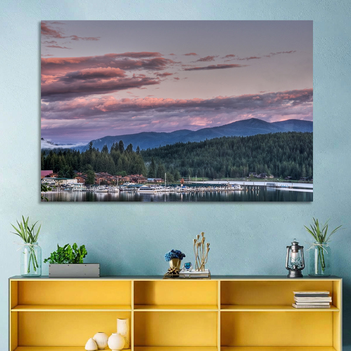 Lake Pend Oreille Twilight Reflection Wall Art in a room, landscape