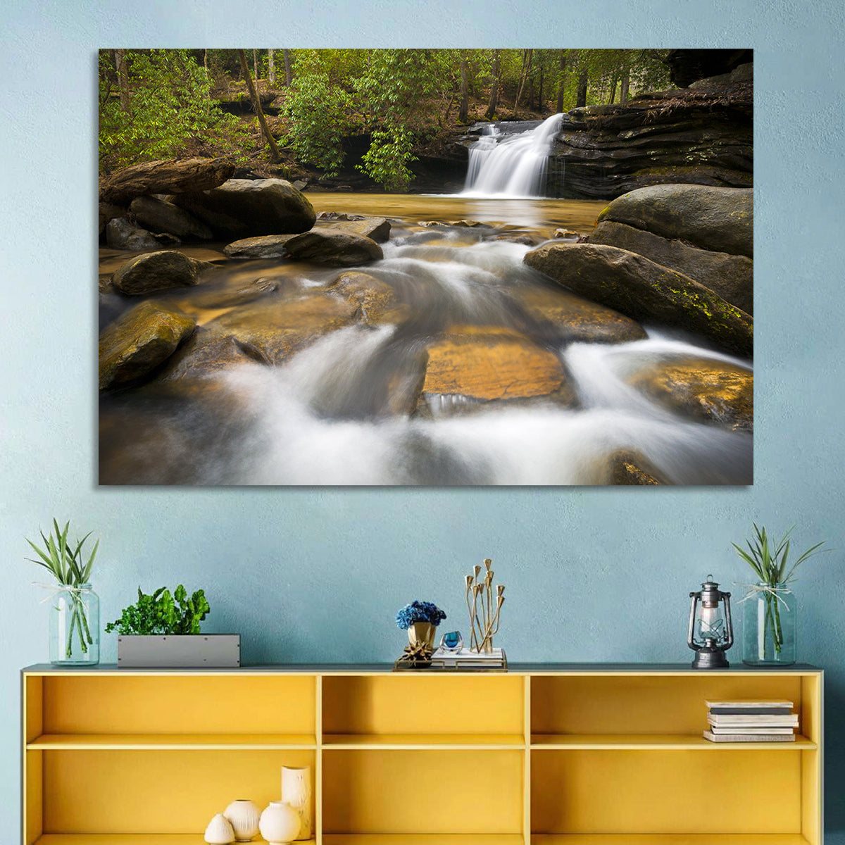 South Carolina Forest Waterfall Wall Art in a room, landscape