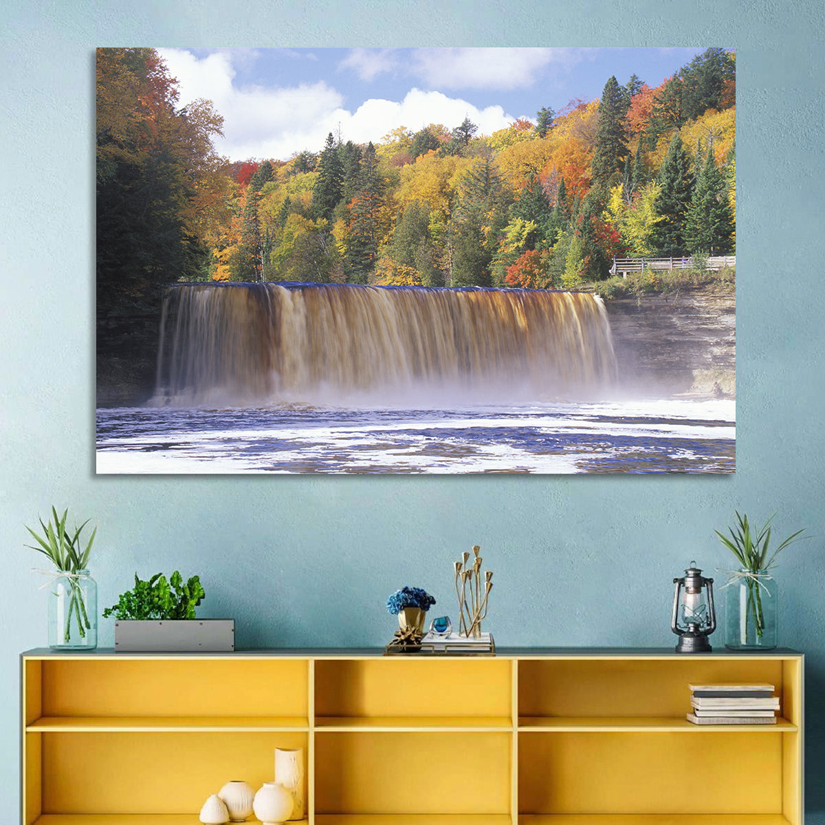 Tahquamenon Falls Autumn Waterfall Wall Art in a room, landscape