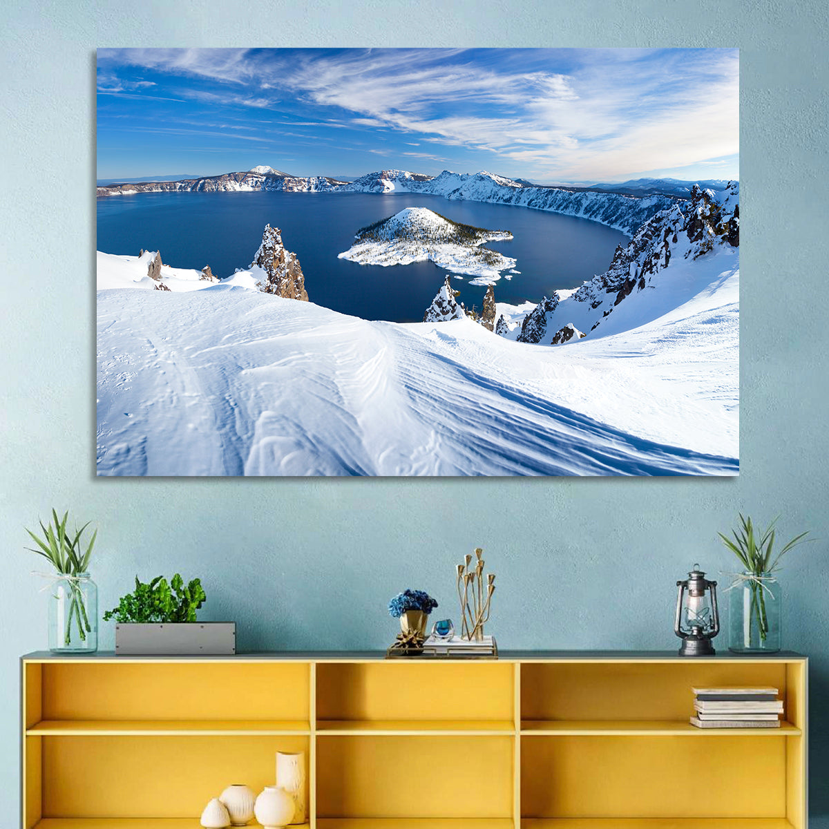 Crater Lake with Wizard Island Wall Art in a room, landscape
