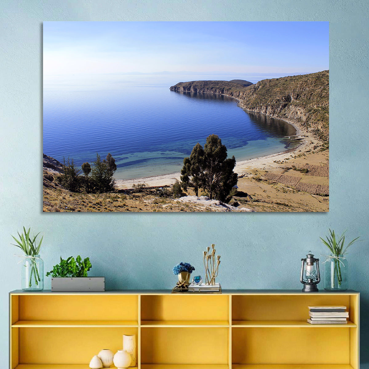 Titicaca Cliffs and Turquoise Water Wall Art in a room, landscape