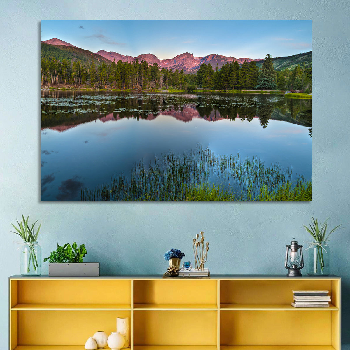 Sprague Lake Reflection Wall Art in a room, landscape