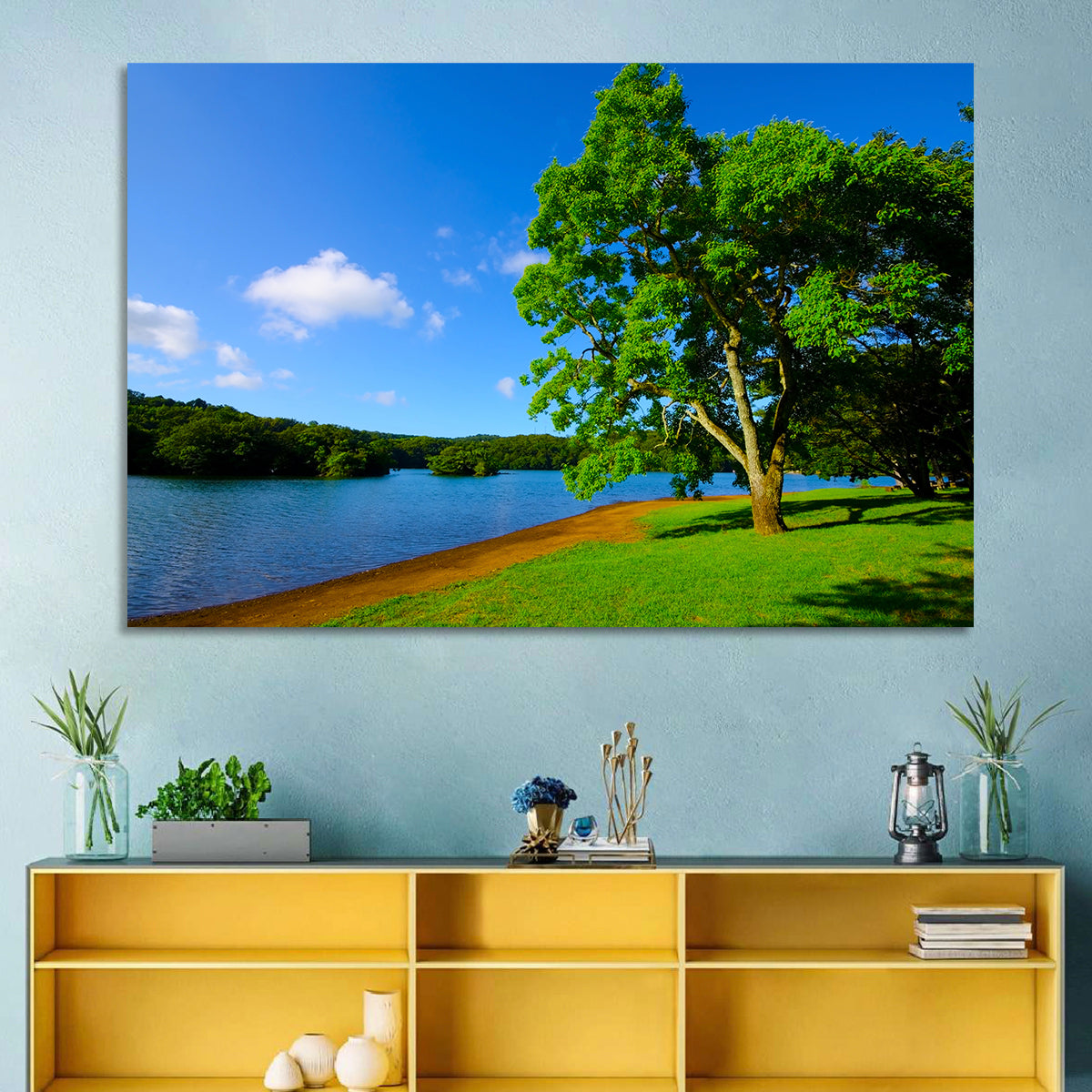 Lake Ippeki Solitary Tree Wall Art in a room, landscape