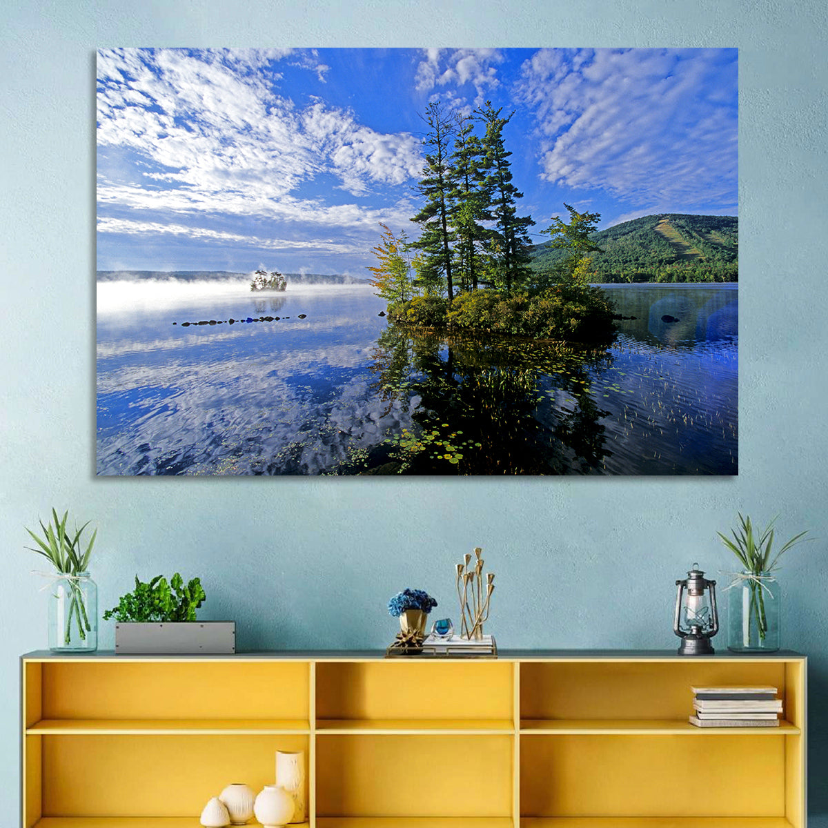 Misty Maine Lake Wall Art in a room, landscape
