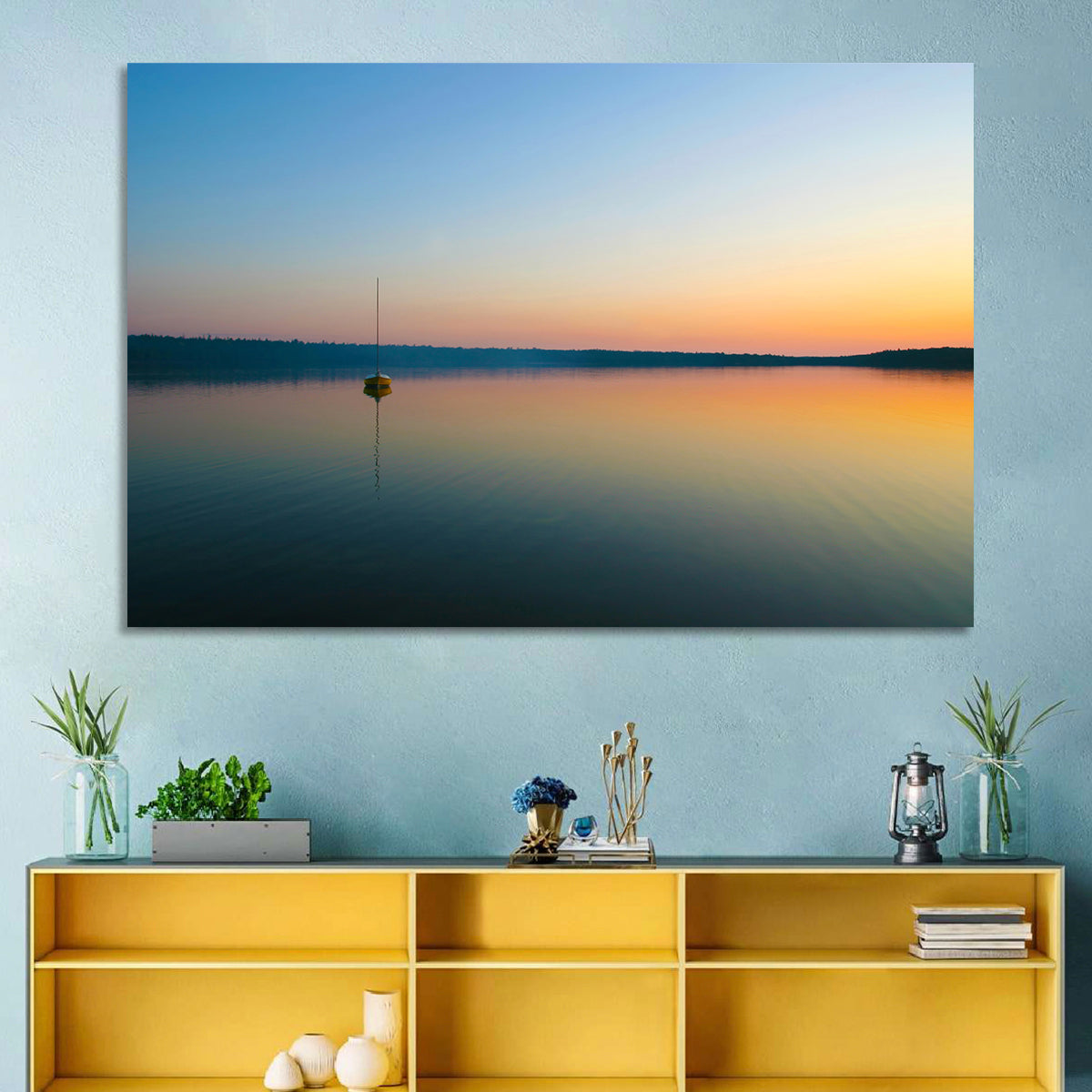 Cyprus Lake Sunset Boat Wall Art in a room, landscape