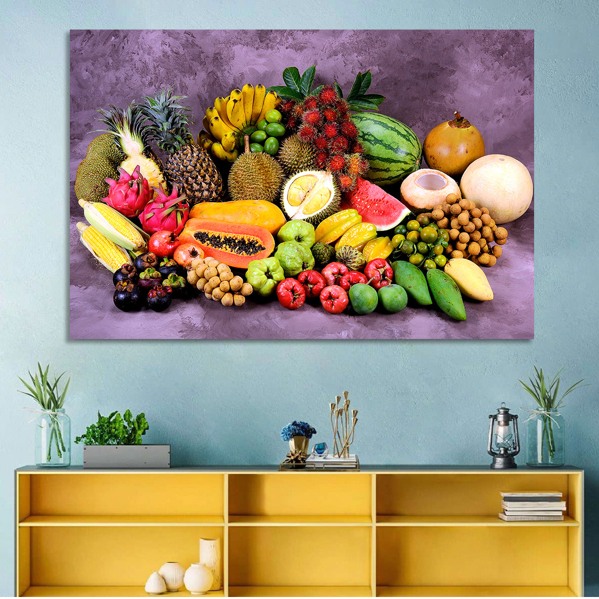 Tropical Fruit Still Life Wall Art in a room, landscape