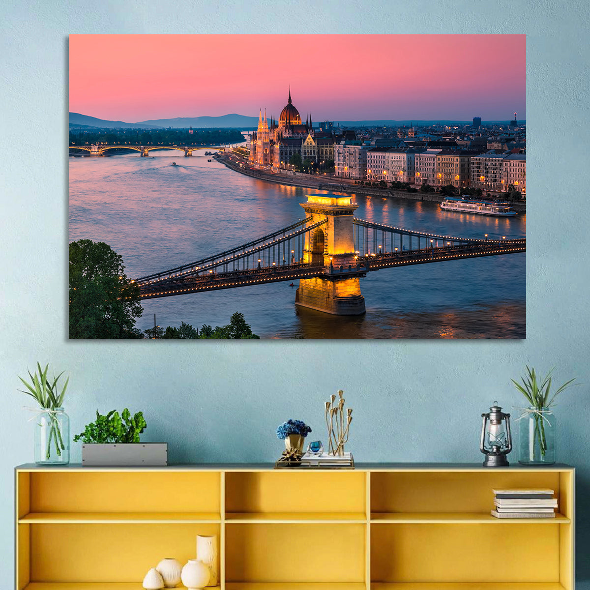 Budapest Chain Bridge at Twilight Wall Art in a room, landscape