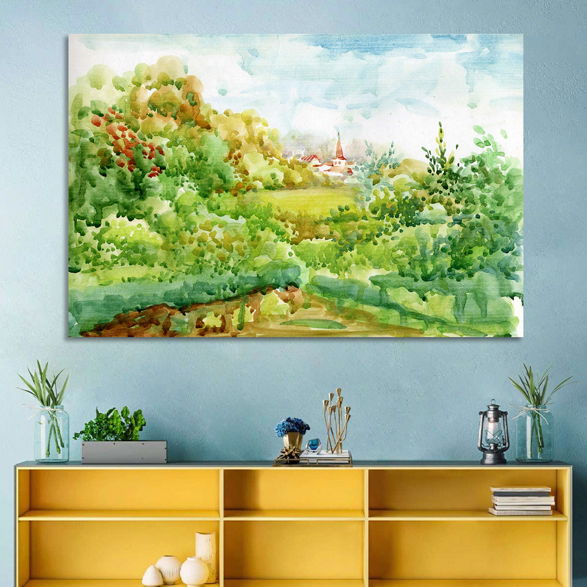 Red Steeple Village Watercolor Wall Art