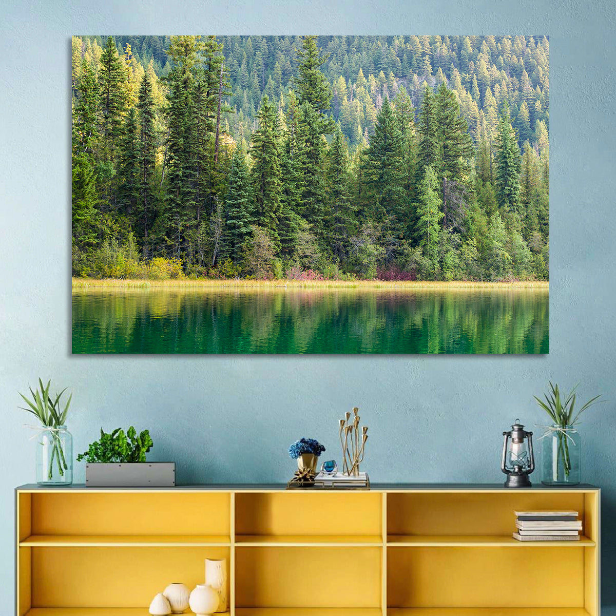Tranquil Forest Lake Wall Art in a room, landscape