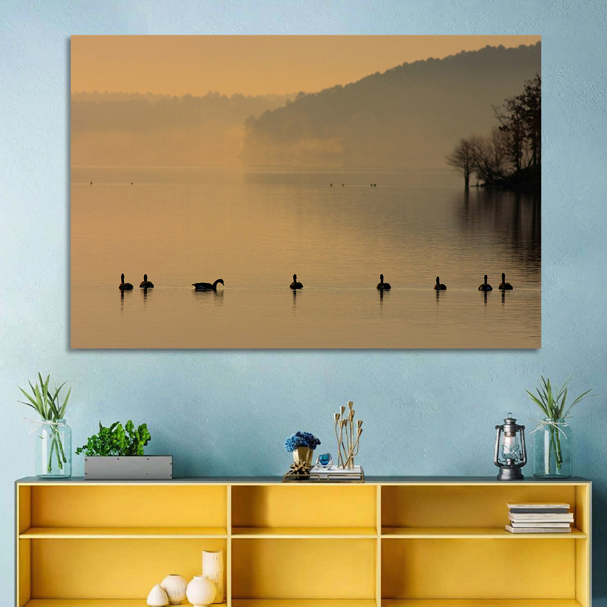Lake Degray Geese Silhouette Wall Art in a room, landscape
