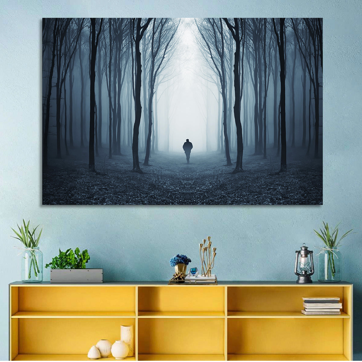 Lone Figure in Misty Forest Wall Art in a room, landscape
