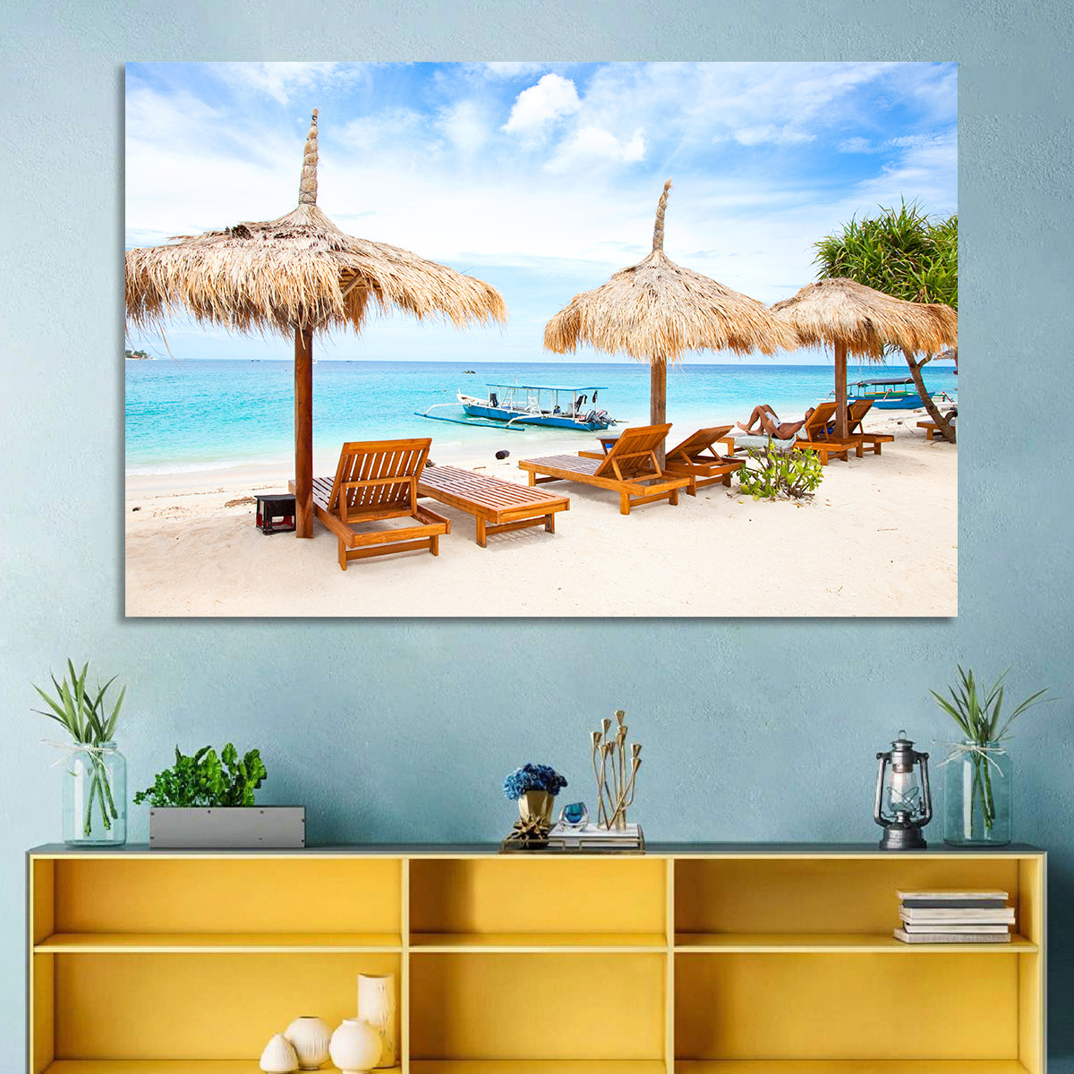 Gili Meno Beach with Thatched Umbrellas Wall Art in a room, landscape