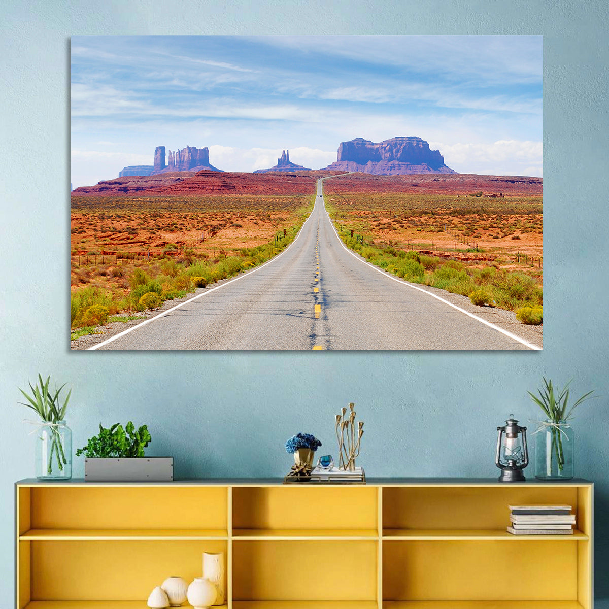 Highway 163 Into Monument Valley Wall Art in a room, landscape