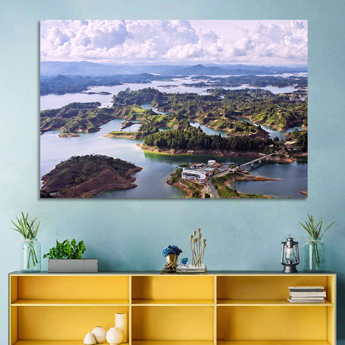 Guatapé Reservoir Aerial View Wall Art in a room, landscape