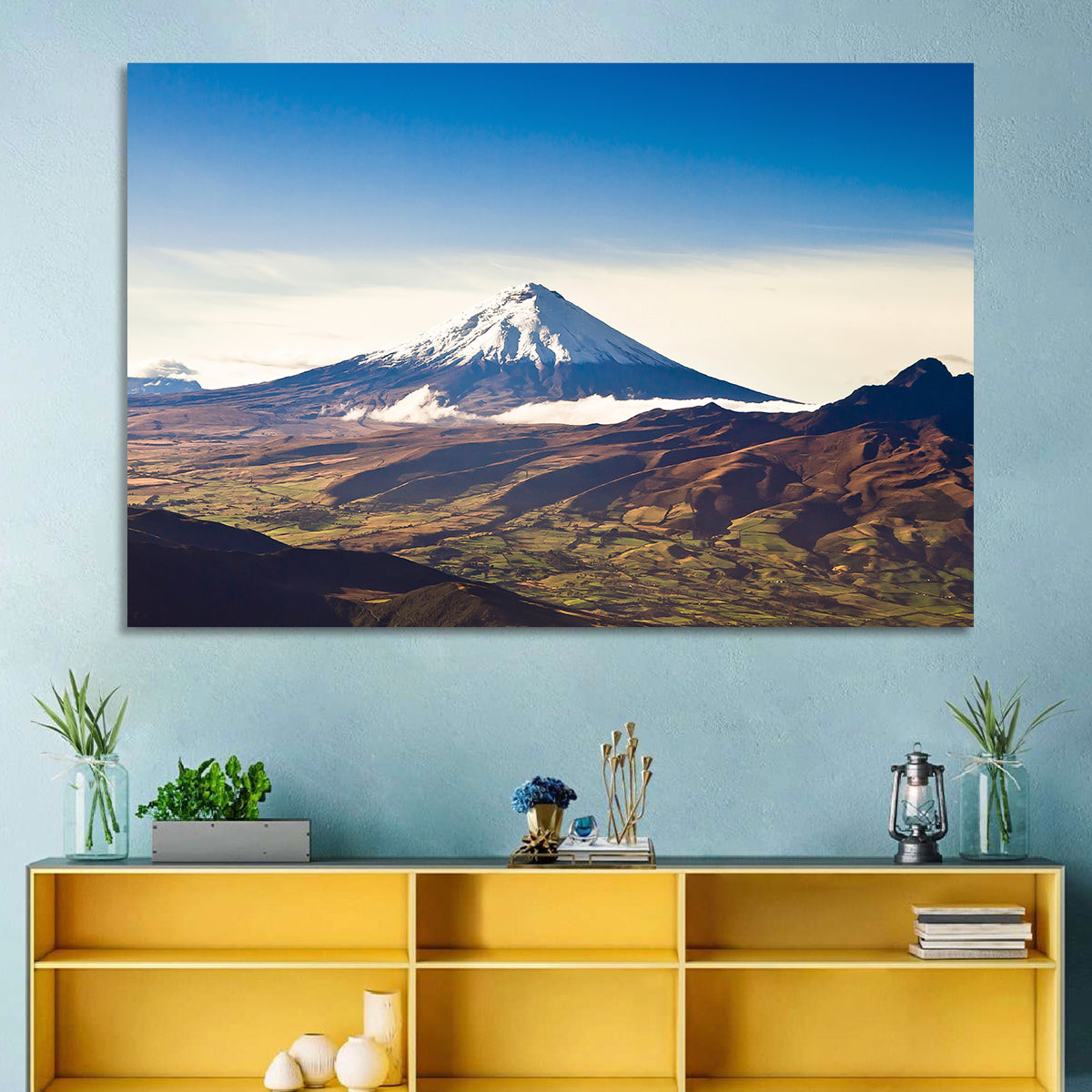 Cotopaxi Volcano Landscape Wall Art in a room, landscape