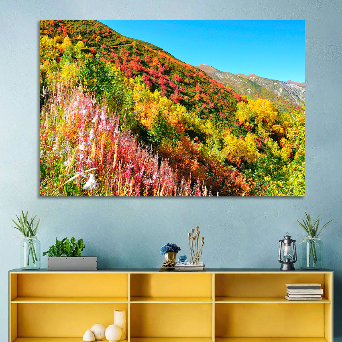 Svaneti Autumn Mountain Landscape Wall Art in a room, landscape