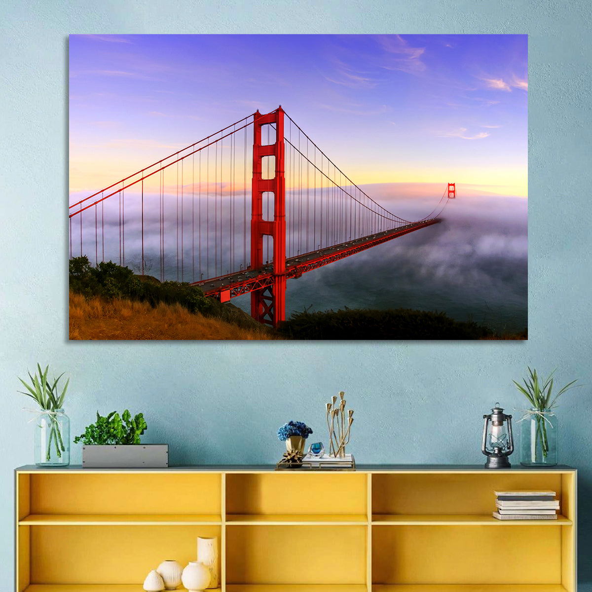 Foggy Golden Gate Bridge Wall Art in a room, landscape