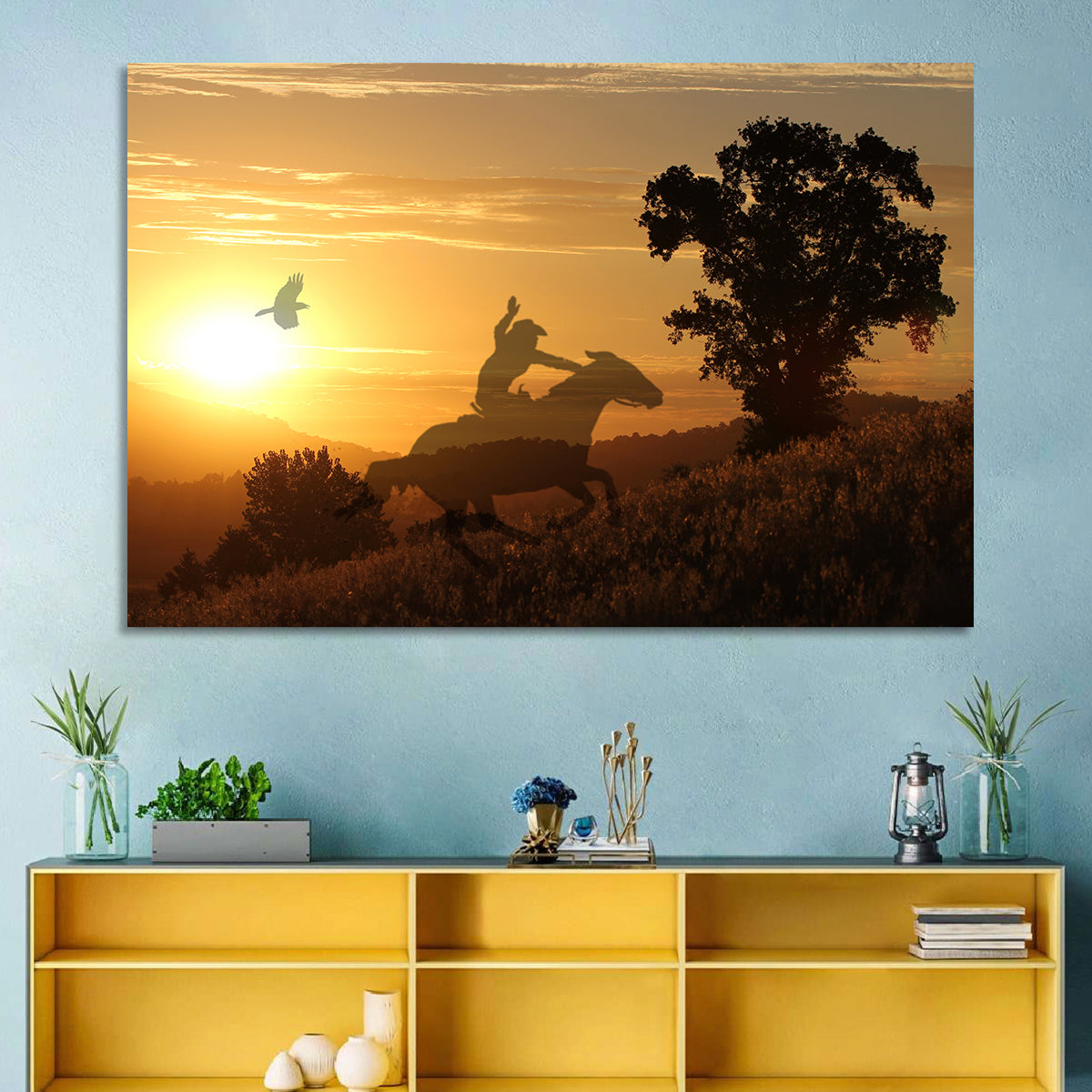 Cowboy Silhouette at Golden Sunset Wall Art in a room, landscape