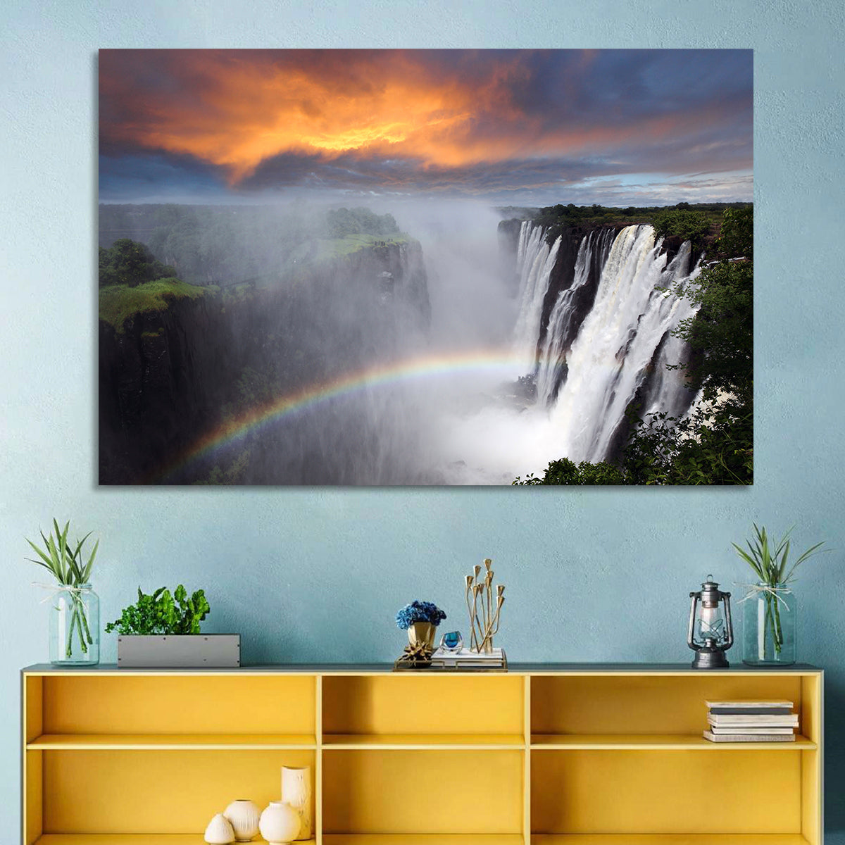 Victoria Falls Rainbow at Dusk Wall Art in a room, landscape