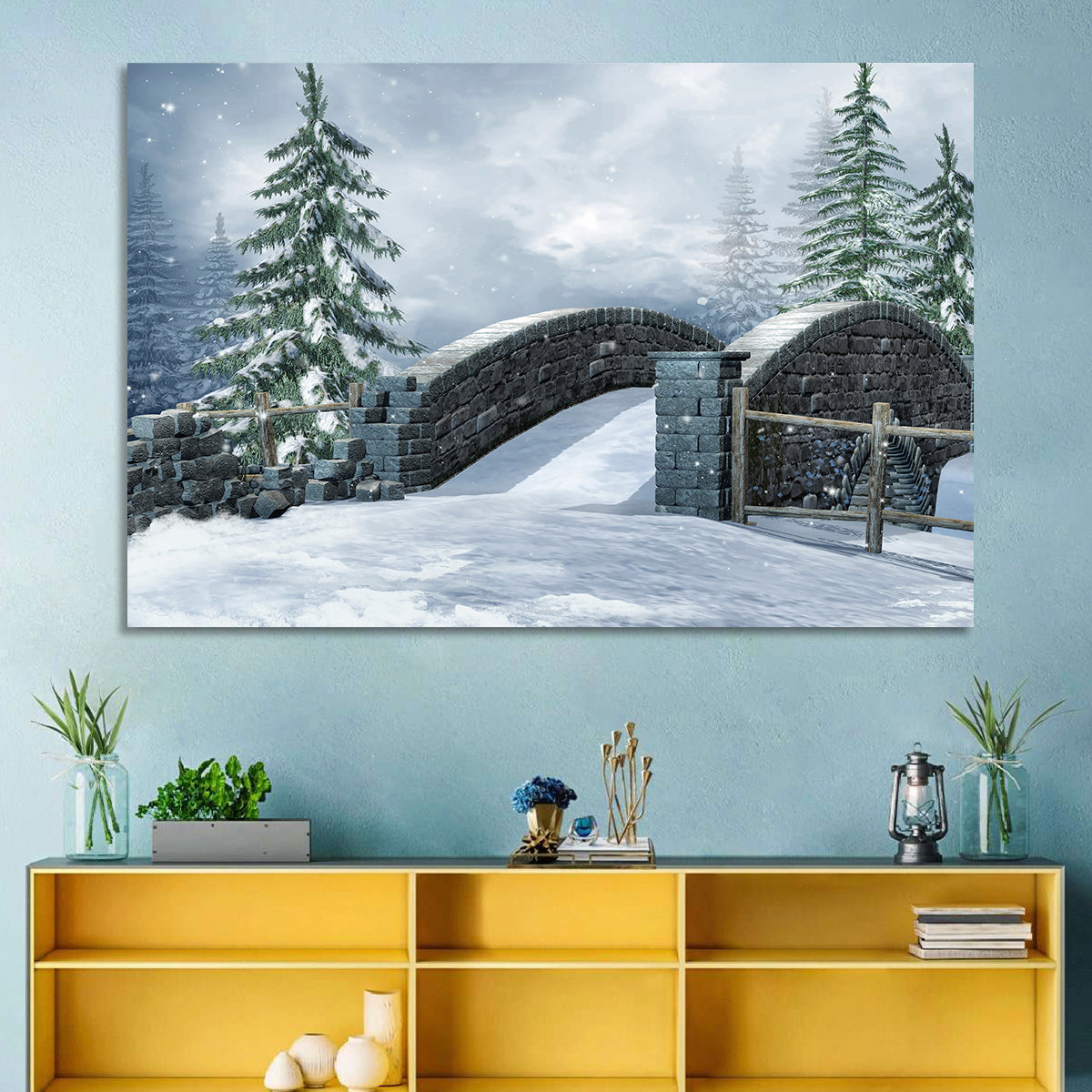 Snowy Stone Bridge in Winter Forest Wall Art in a room, landscape