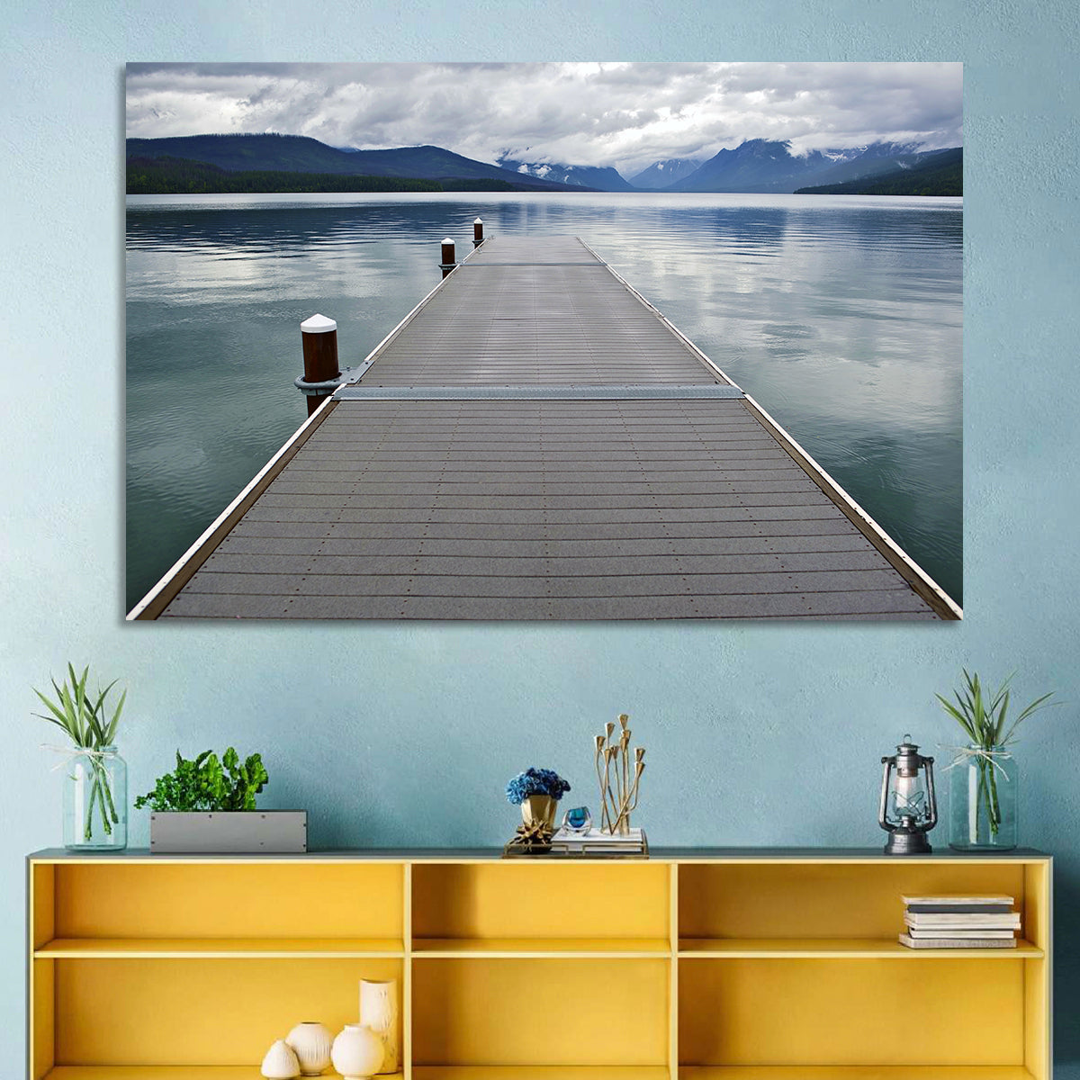 Lake Mcdonald Wooden Dock Wall Art in a room, landscape