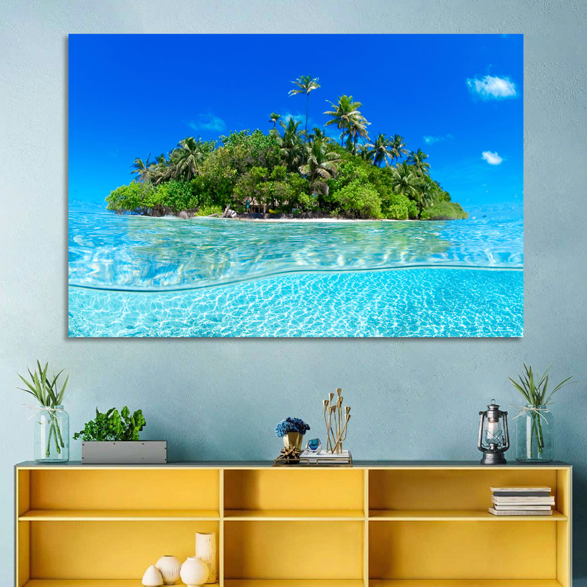 Tropical Island Lagoon Split-level Seascape Wall Art in a room, landscape