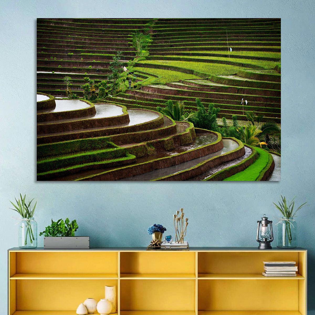 Lush Rice Terraces Wall Art in a room, landscape