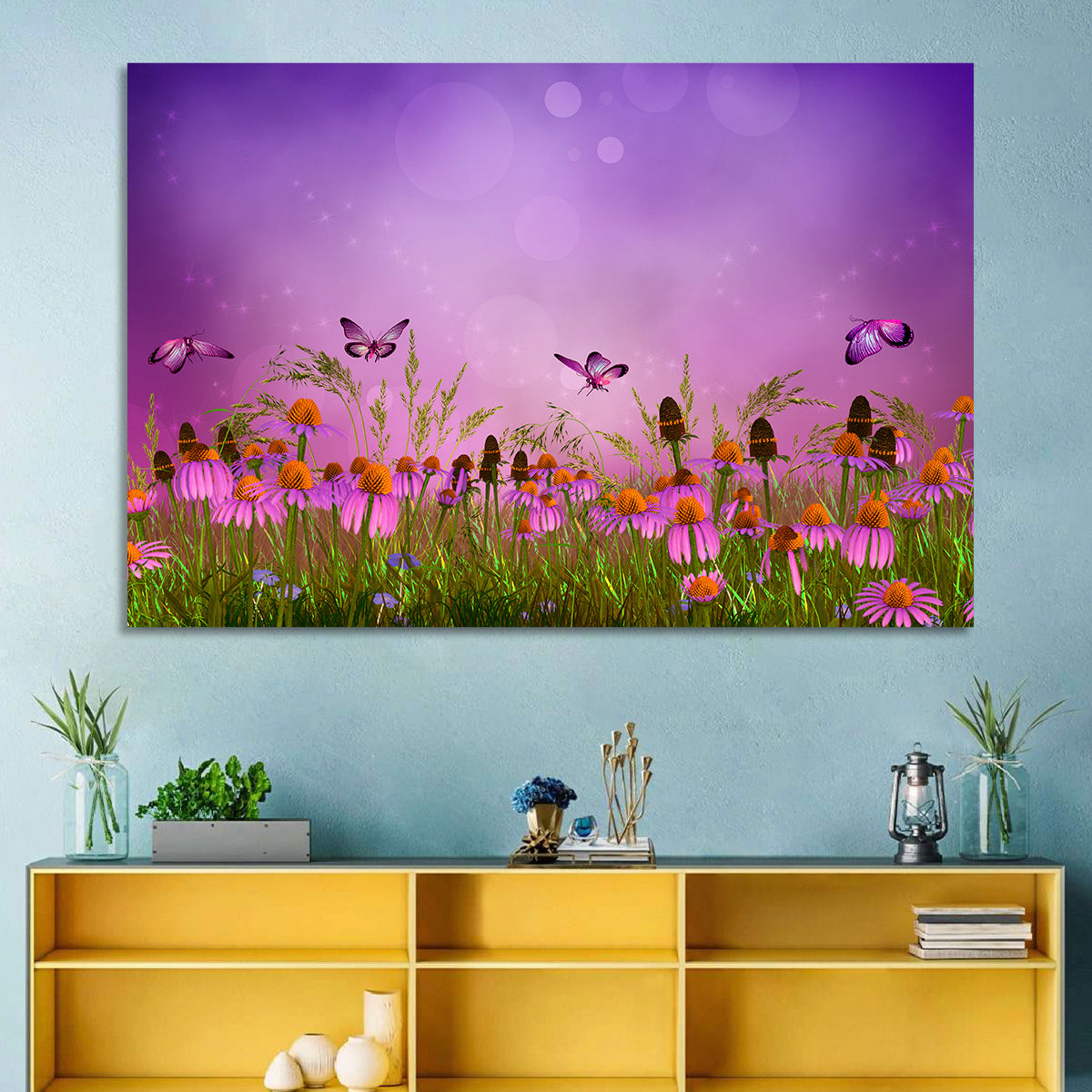 Purple Coneflower Butterfly Meadow Wall Art in a room, landscape