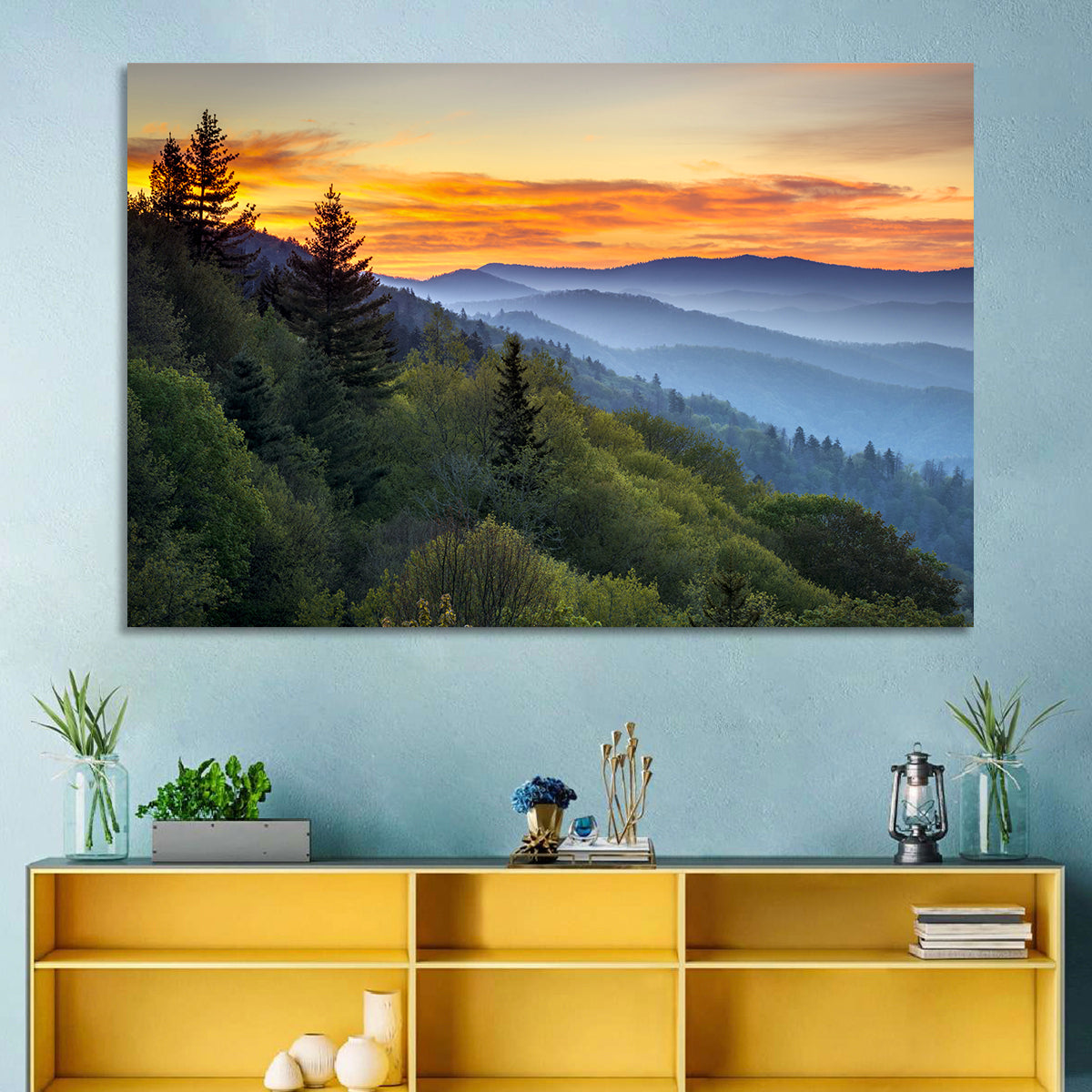 Great Smoky Mountains Sunset Wall Art in a room, landscape