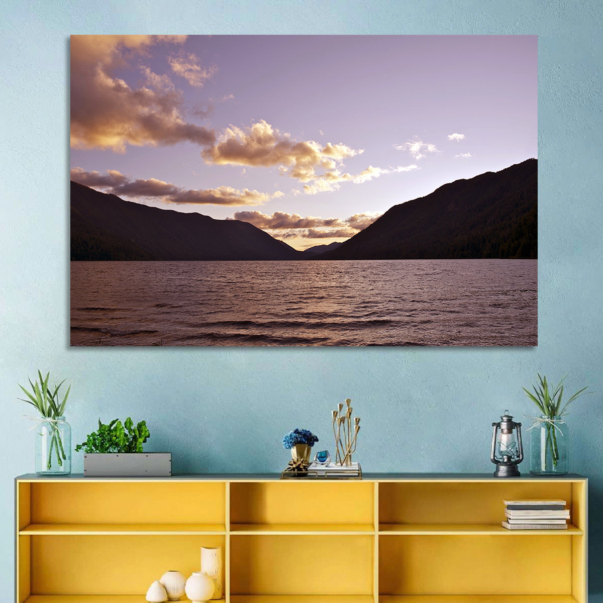 Purple Sunset Over Lake Crescent Wall Art in a room, landscape