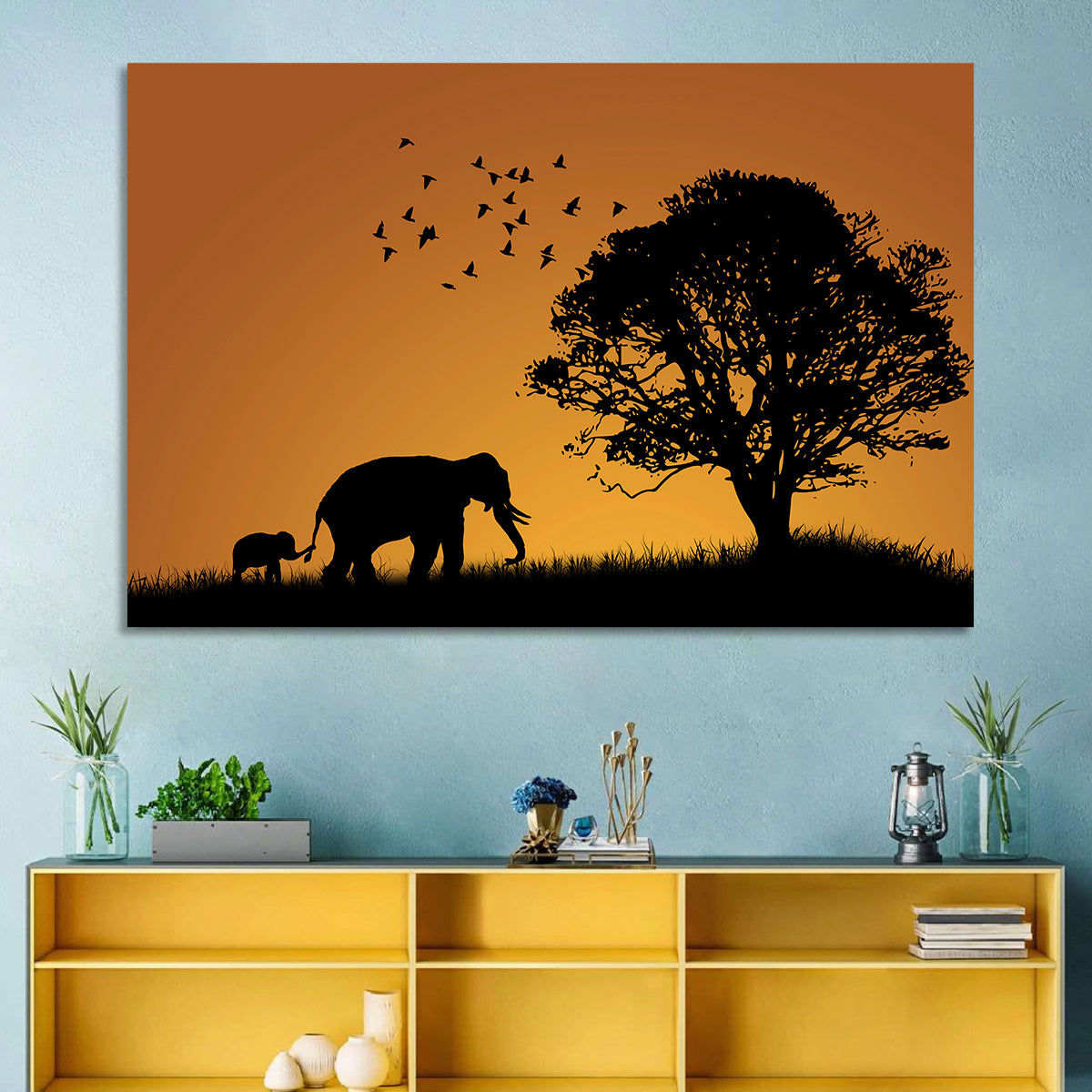 Elephant Family at Golden Sunset Wall Art