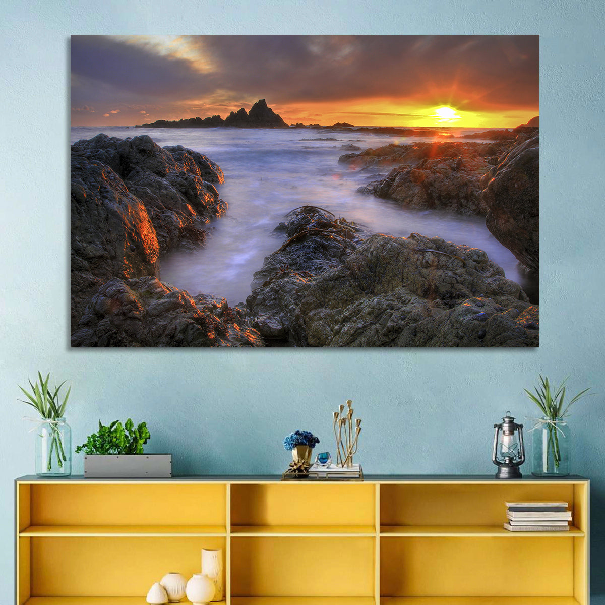 Tramore Rocky Coast Sunset Wall Art in a room, landscape