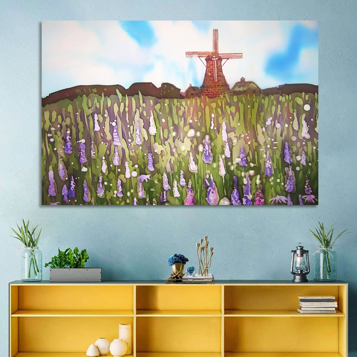 Ink Wash Windmill in Blooming Field Wall Art in a room, landscape